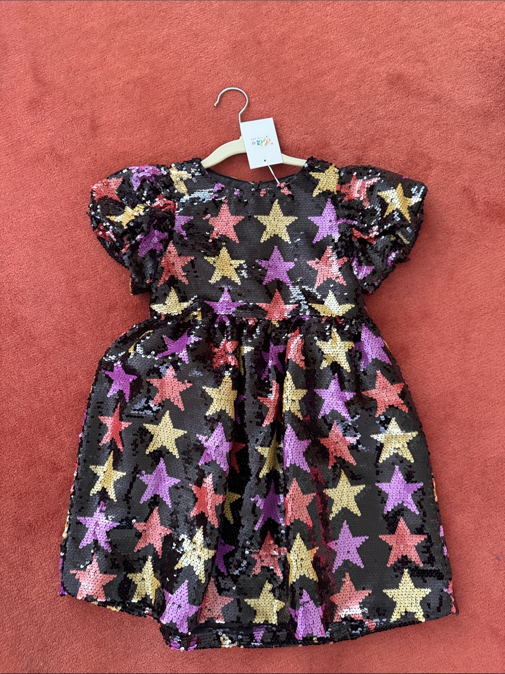 Lola + The Boys Black Sequin Dress with Gold, Purple & Pink Stars